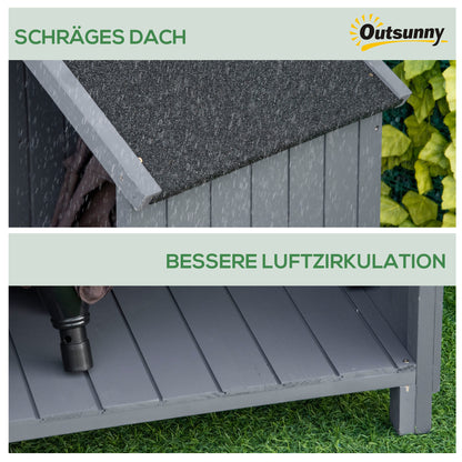 Outsunny Gartenschrank, offenes Brennholzfach, verriegelbare Tür, wetterfest, Naturholz, 129 x 51,5 x 180cm, grau+schwarz
