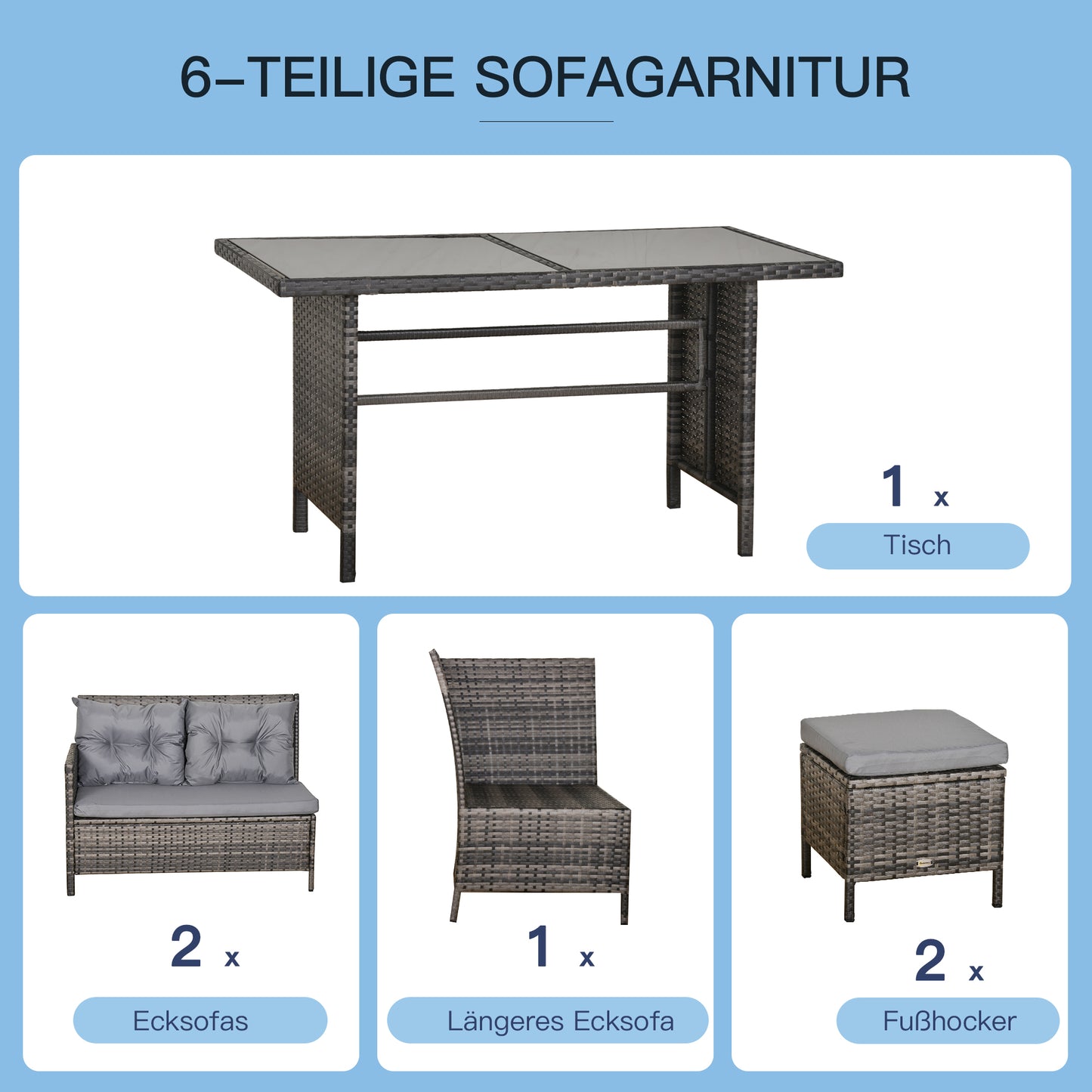 Outsunny Gartenmöbel-Set från PE-Rattan, för 5 personer, Rattan-Lounge-Set, abnehmbare Polster, Grau + Braun
