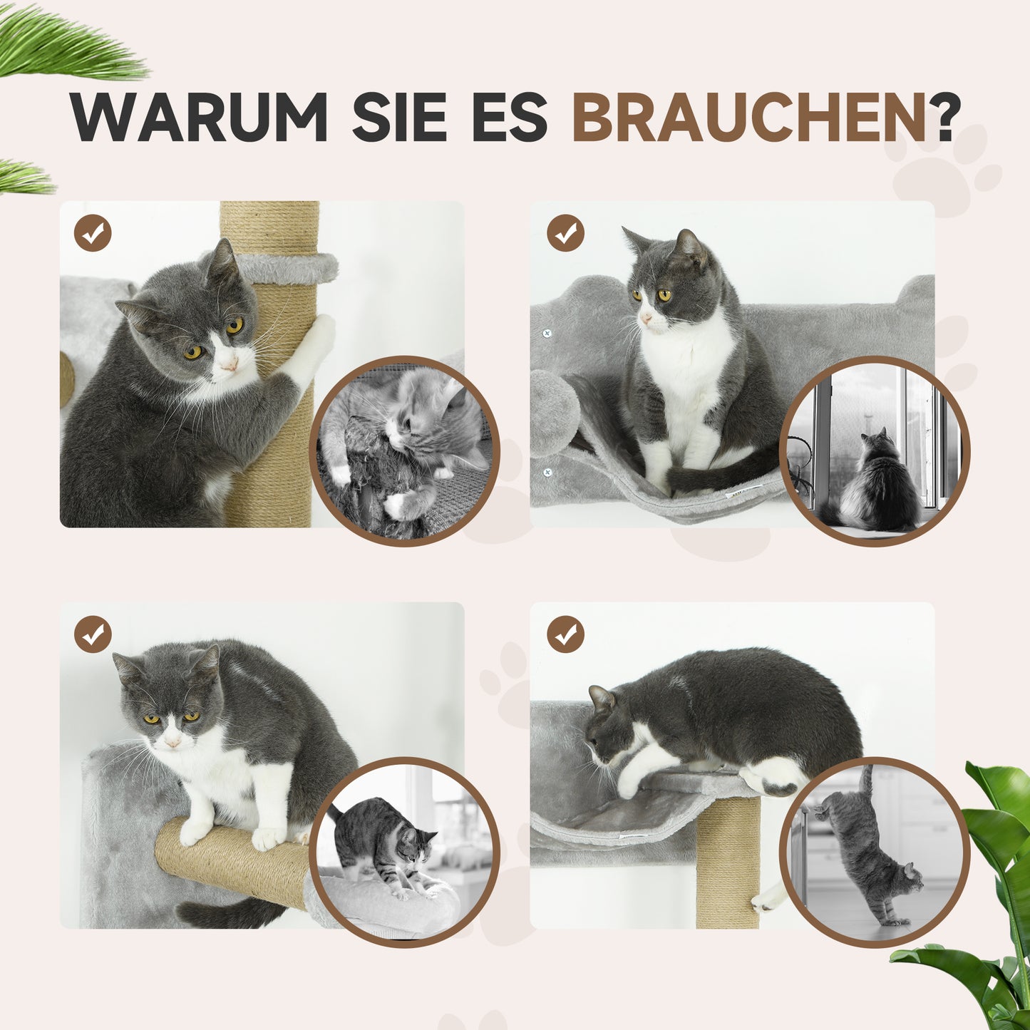 PawHut 5-teiliges wandmontiertes Kletterset für Hauskatzen mit Kratzpfosten, Kratzmatte, Katzenbett, Spielzeugbällen, Hellgrau