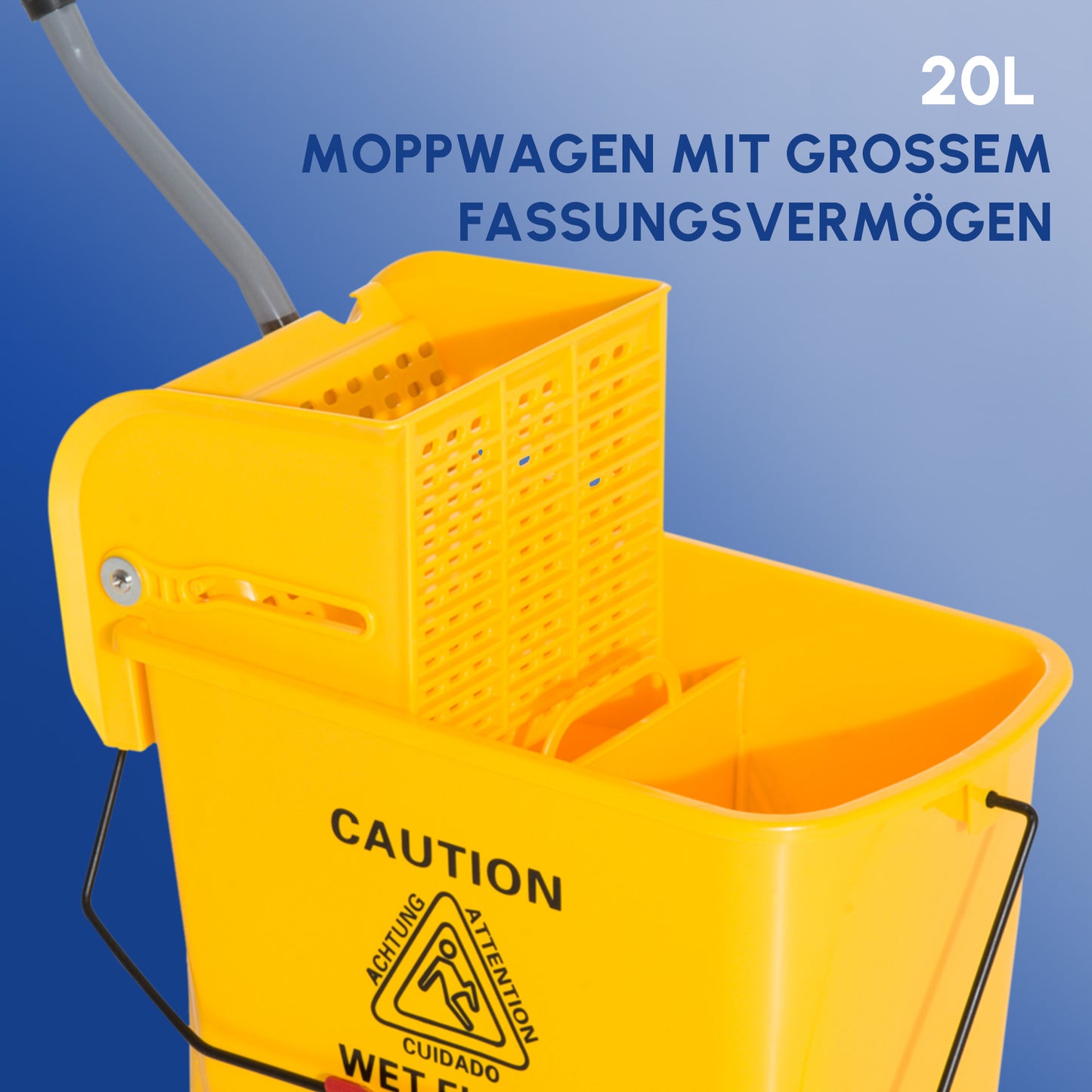 HOMCOM 20 L Mopp-Eimer mit Auswringer und Griff, Wischmopp-Eimer auf Rädern, Kunststoff, Gelb
