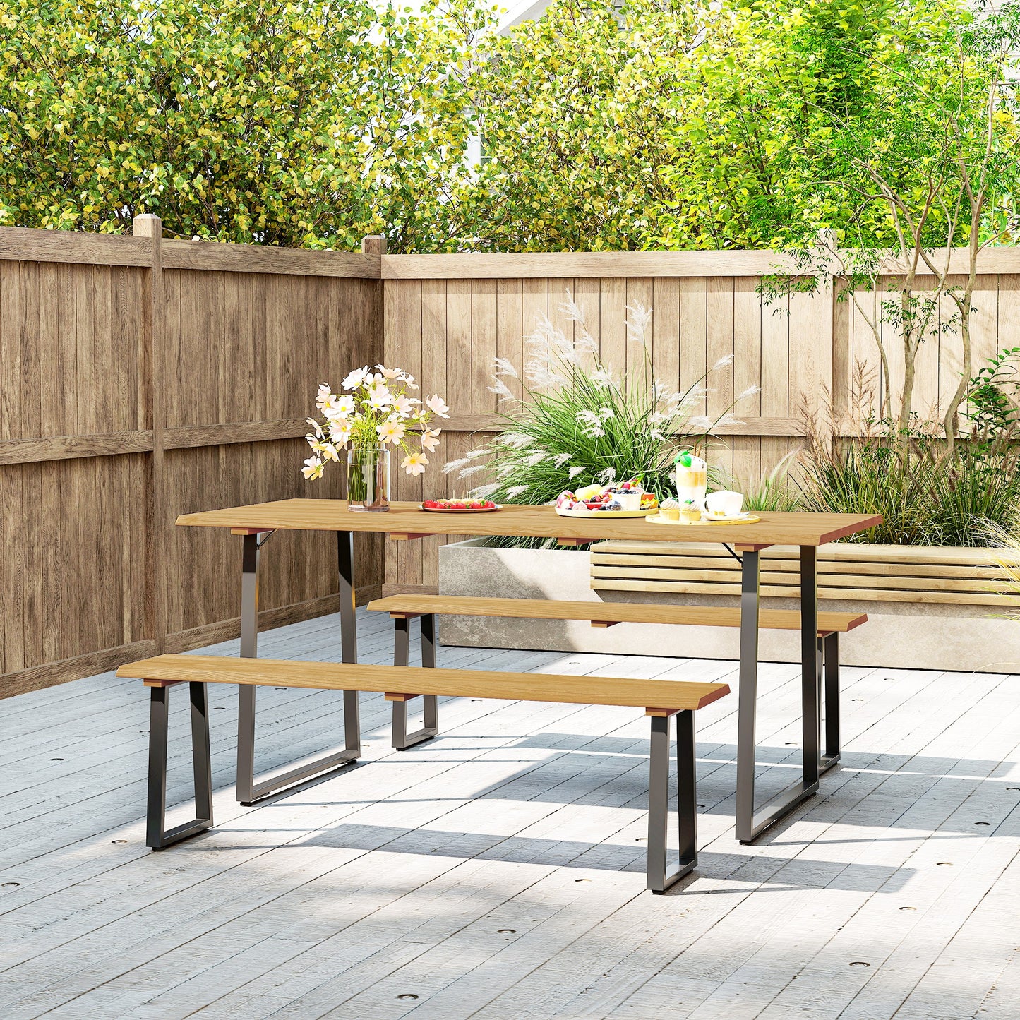 Outsunny Sitzgruppe 3-teilig Holz Essgrupp für 6 Personen Esstisch mit 2 Bänke Schirmloch Holztisch 178 x 76 x 77 cm Naturholz