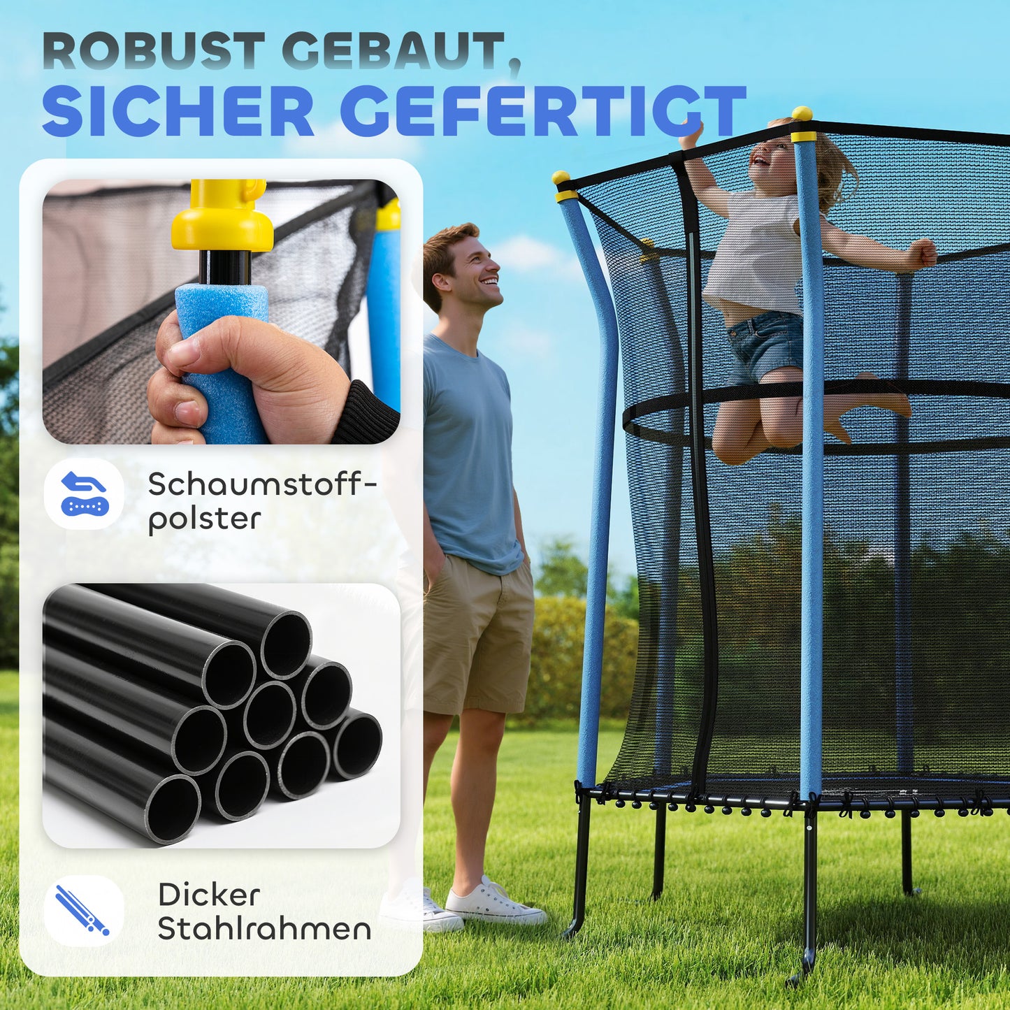 HOMCOM Trampolin für Kinder, Ø163,5 cm, mit Sicherheitsnetz, gepolstert, Stahl, belastbar bis 50 kg, Schwarz & Blau