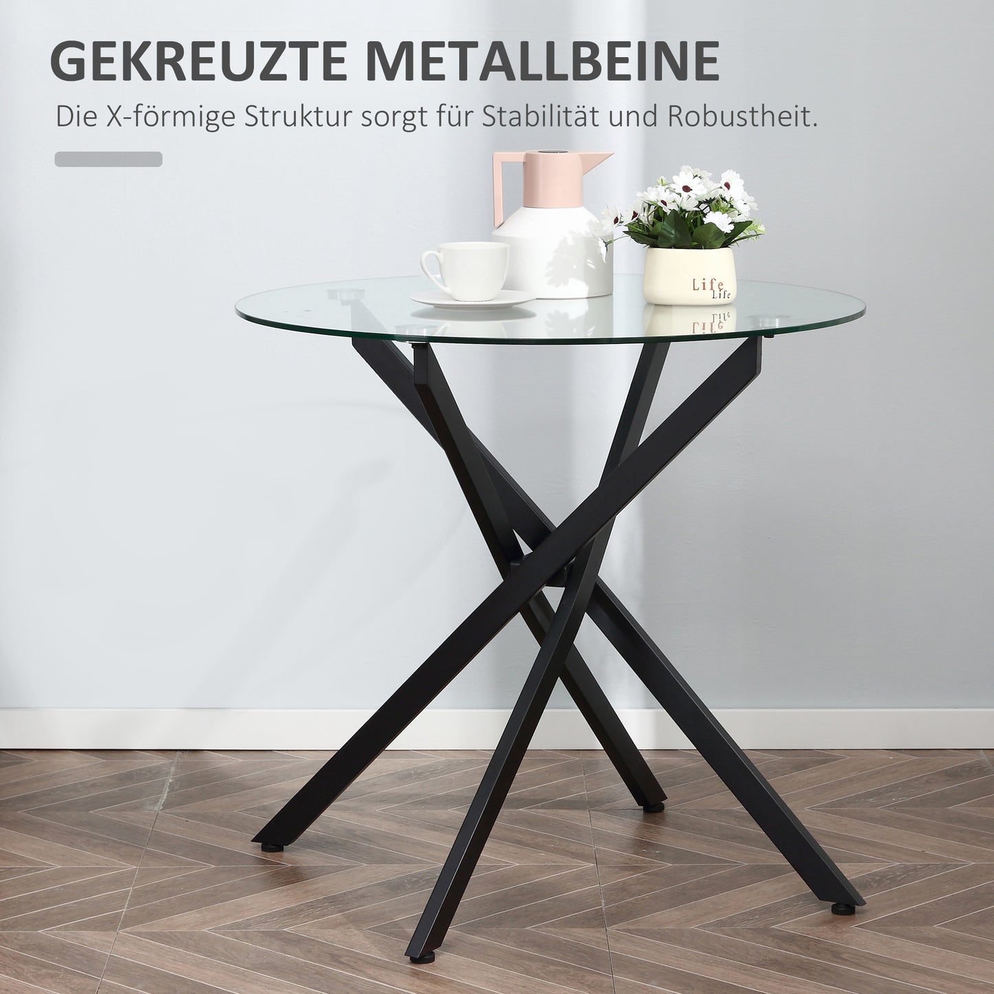 HOMCOM Moderner Glas-Esstisch, 80 cm Durchmesser, Küchentisch mit gehärteter Glasplatte und Metallbeinen, für 4 Personen