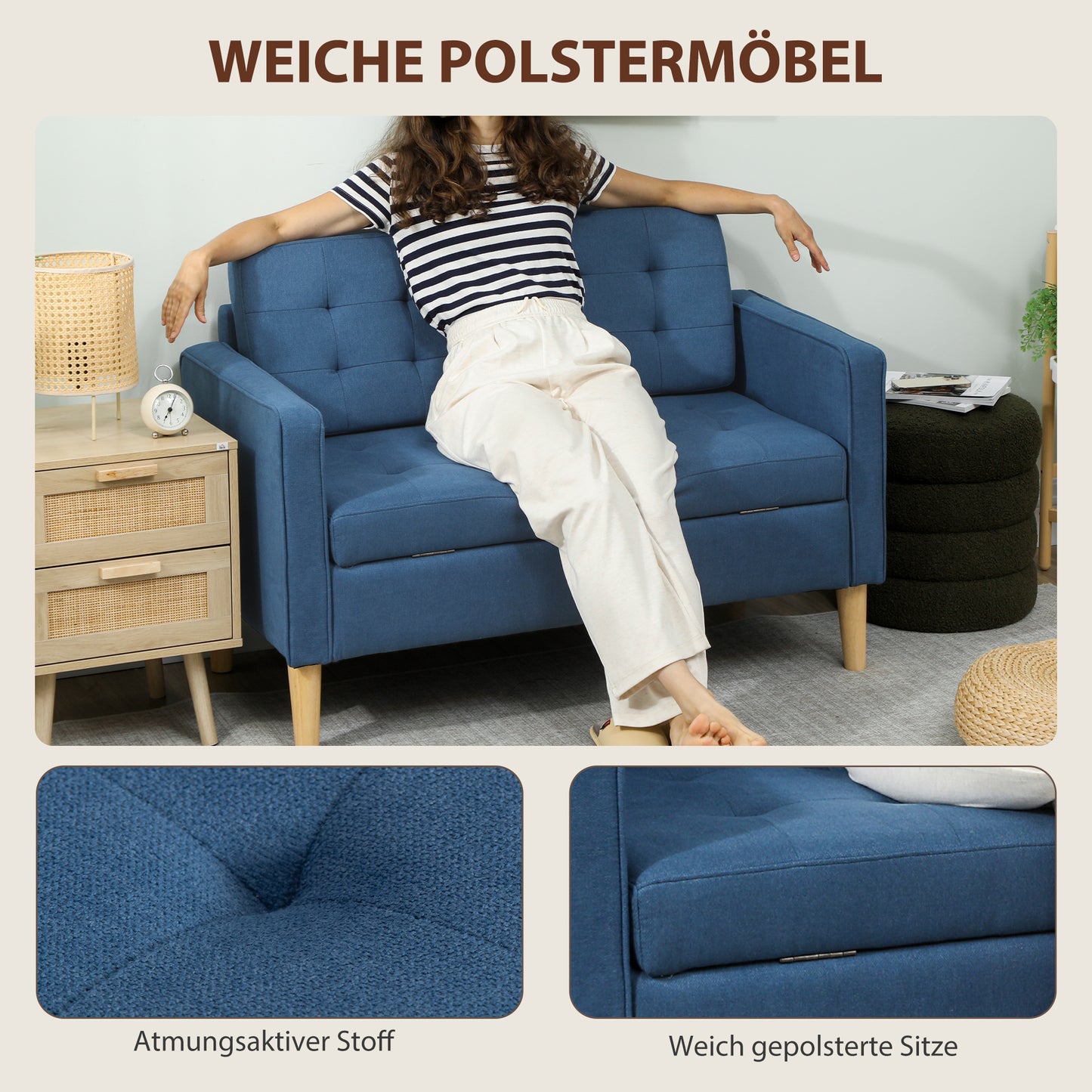 HOMCOM Zweisitzer-Sofa mit Stauraum, Knopfheftung, Kissen, Kautschukbaumholz, 117x62x78cm, Blau