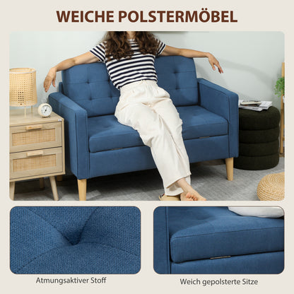 HOMCOM Zweisitzer-Sofa mit Stauraum, Knopfheftung, Kissen, Kautschukbaumholz, 117x62x78cm, Blau
