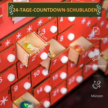 HOMCOM Adventskalender Weihnachtsmann mit Schlitten, 24 Fächer, wiederverwendbar, 22,5x8x36 cm, Rot