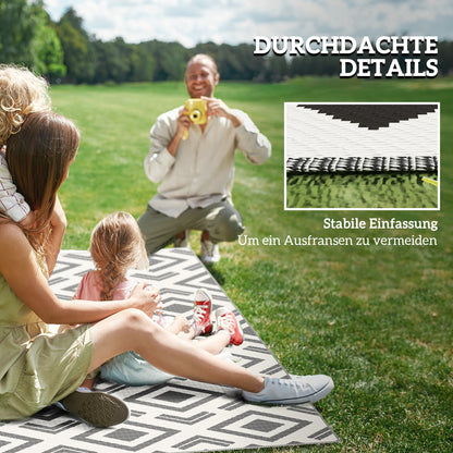 Outsunny Outdoor Teppich robuster Wetterfest Outdoorteppich mit Tragtasche, faltbar Carpet Boho-Style 182 x 274 cm Schwarz+Weiß