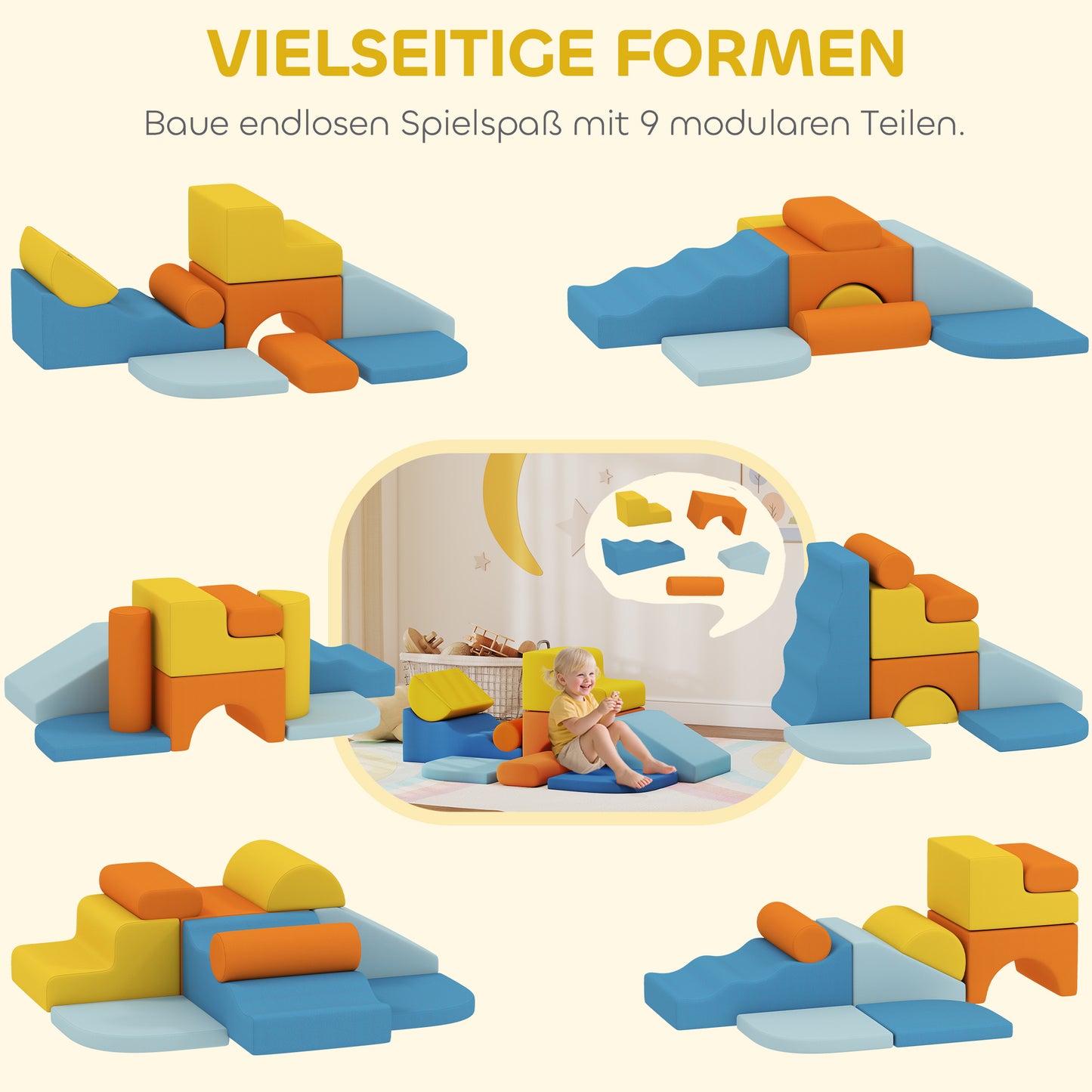 AIYAPLAY 9-teiliges Soft-Baustein-Set, weiche Blöcke zum Bauen und Spielen, Indoor-Spielset für Kleinkinder, Schaumstoff, Bunt
