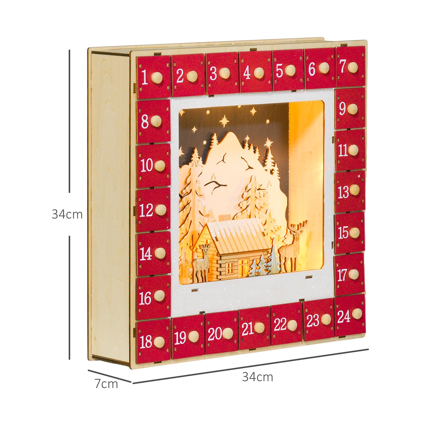 HOMCOM LED Adventskalender mit Dorfszene, 24 große Schubladen, MDF, 34 x 7 x 34 cm, Rot