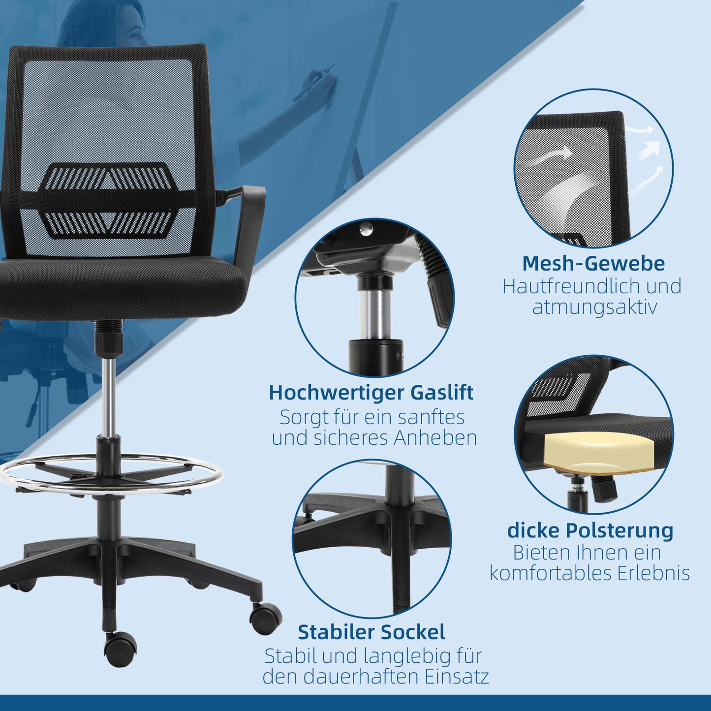 Vinsetto Bürostuhl, Höhenverstellbarer Schreibtischstuhl mit Fußablage, Netz-Rückenlehne, rollbar, Kunststoff, Schwarz