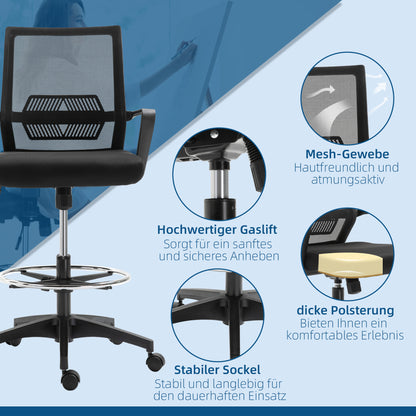 Vinsetto Bürostuhl, Höhenverstellbarer Schreibtischstuhl mit Fußablage, Netz-Rückenlehne, rollbar, Kunststoff, Schwarz