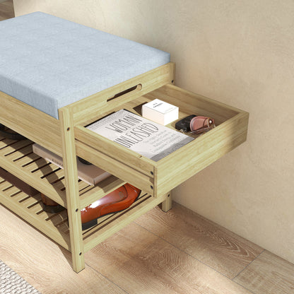 HOMCOM Schubank Schuhregal, 2 Ablagen, Sitzpolster, Bambus, 55 cm x 35 cm x 46 cm, Grau + Natur