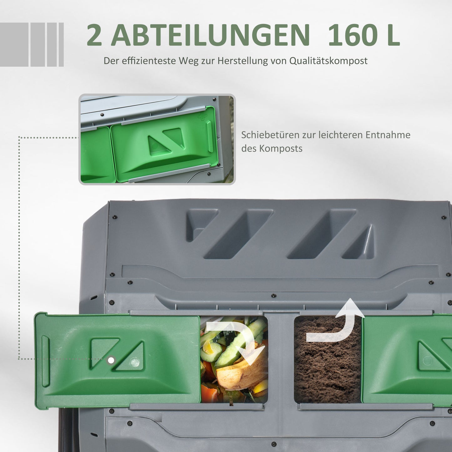 Outsunny Kompostbehälter mit 2 Behältern, 160 L Fassungsvermögen, drehbar, 71 cm x 65 cm x 96 cm, Grau + Grün + Schwarz