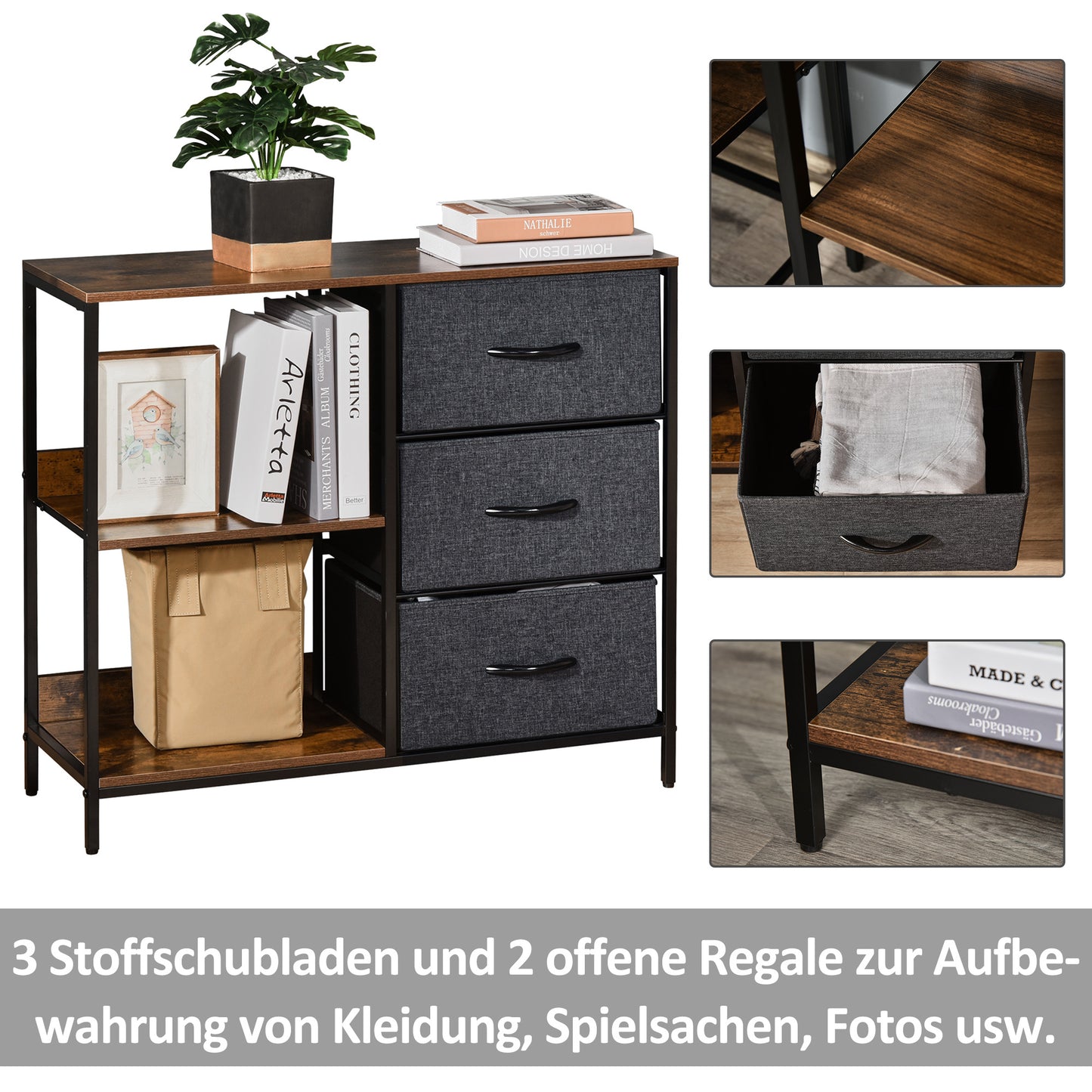 HOMCOM Aufbewahrungs-Kommode, 3 Stoffschubladen, Regale, Metallrahmen, Braun+Grau