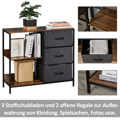 HOMCOM Aufbewahrungs-Kommode, 3 Stoffschubladen, Regale, Metallrahmen, Braun+Grau