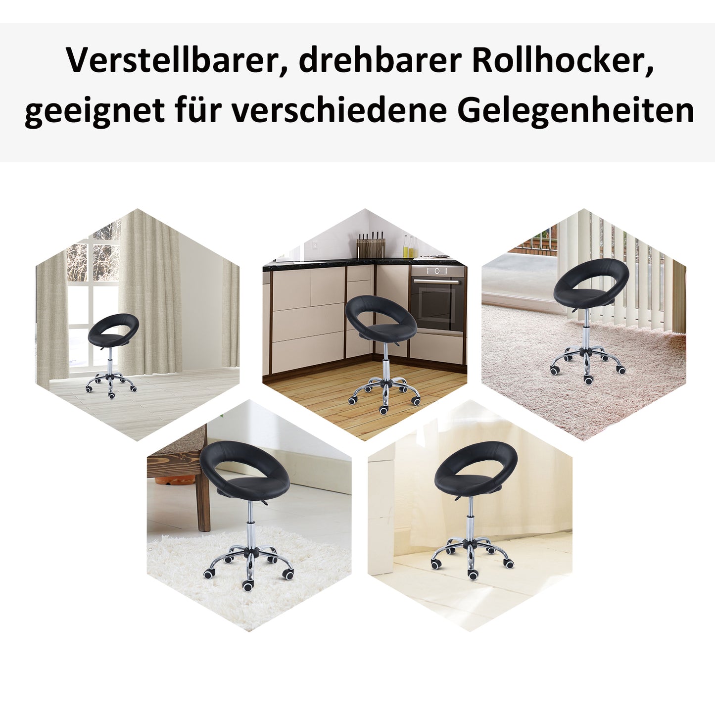 HOMCOM Rollhocker Arbeitshocker Drehhocker Bürostuhl höhenverstellbar, PU+Metall, Schwarz, 50 x 54 x (66-78) cm