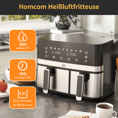 HOMCOM Heißluftfriteuse Friteuse, 2700 W, 8 Einstellungen, 41,8 cm x 39,2 cm x 31,1 cm, Schwarz + Silber
