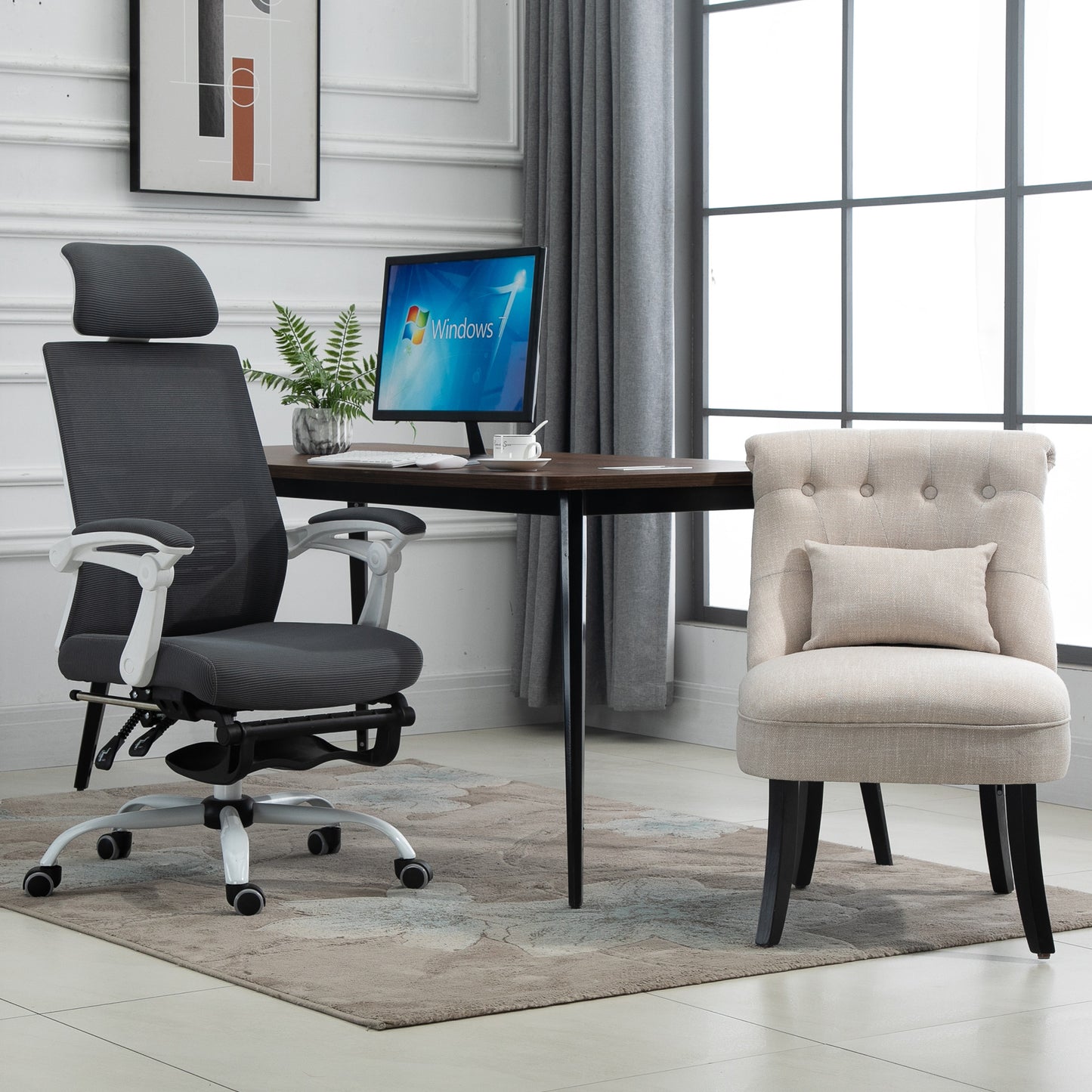 HOMCOM Weicher Polstersessel mit Rückenkissen, zum Lesen und Ausruhen, Stoffbezug in Leinenoptik, 52,5 x 69 x 77 cm, Cremeweiß