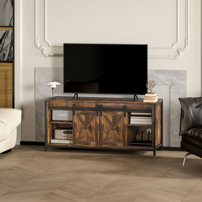 HOMCOM TV Lowboard, Industrial Design, für 60'' TVs, 6 Fächer, 2 Schiebetüren, Braun/Schwarz