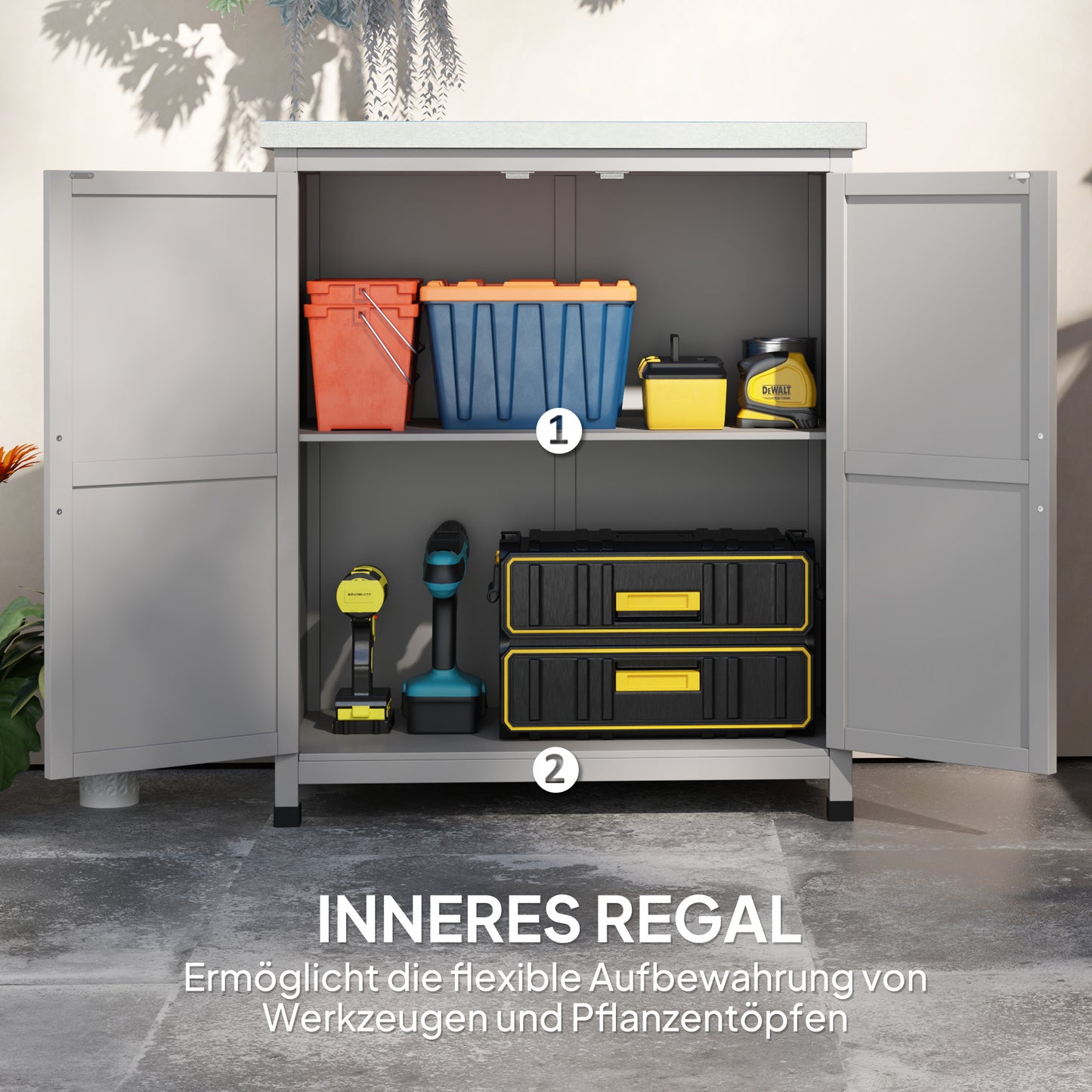 Outsunny Gartenschrank, Außenschrank mit Arbeitsfläche, Werkzeugschrank, Massivholz, Stahl, 79B x 43T x 92H cm, Grau