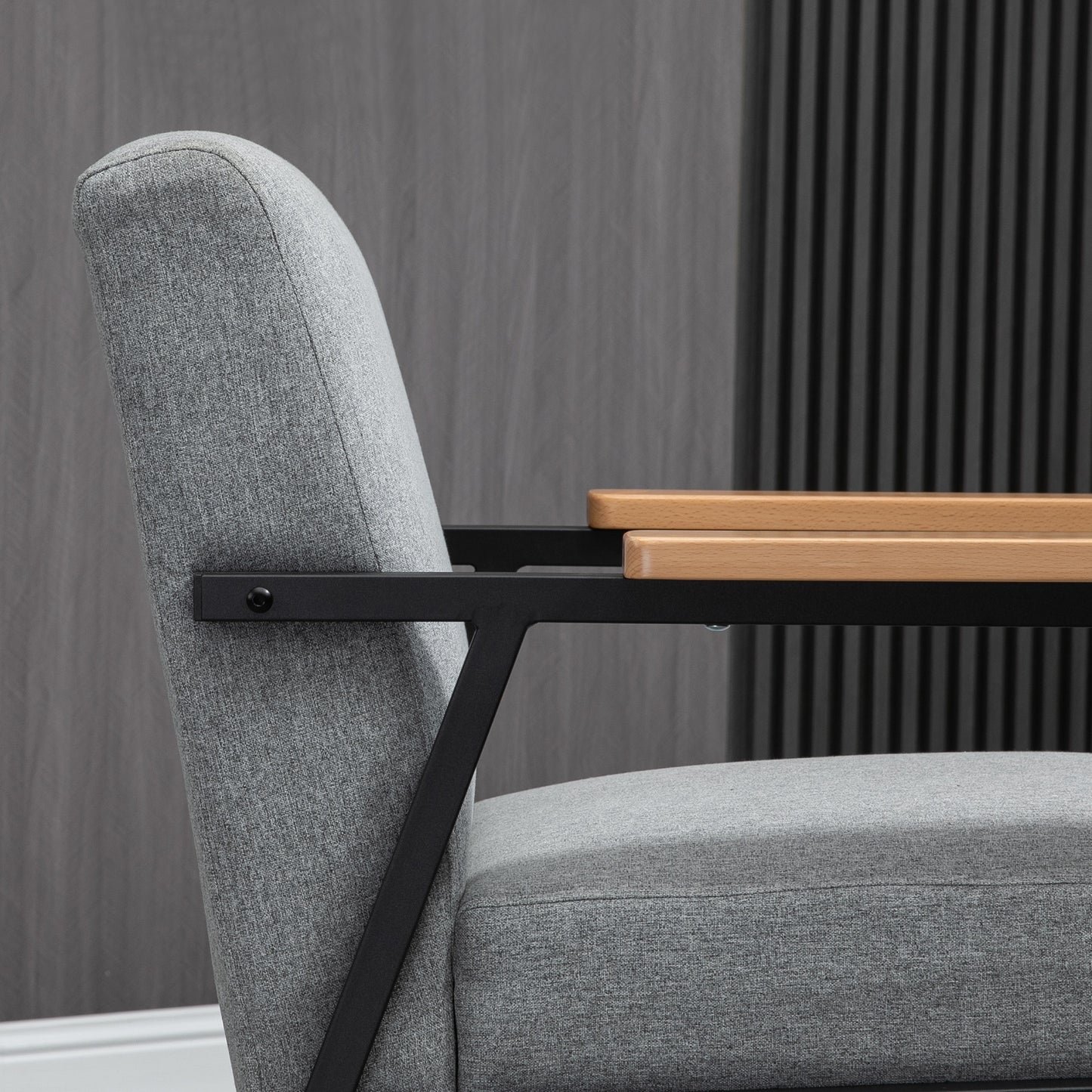 HOMCOM Akzentsessel im Skandidesign, Ruhesessel ,Akzentstuhl, Leinenoptik, Kautschukholz, Grau + Schwarz + Braun