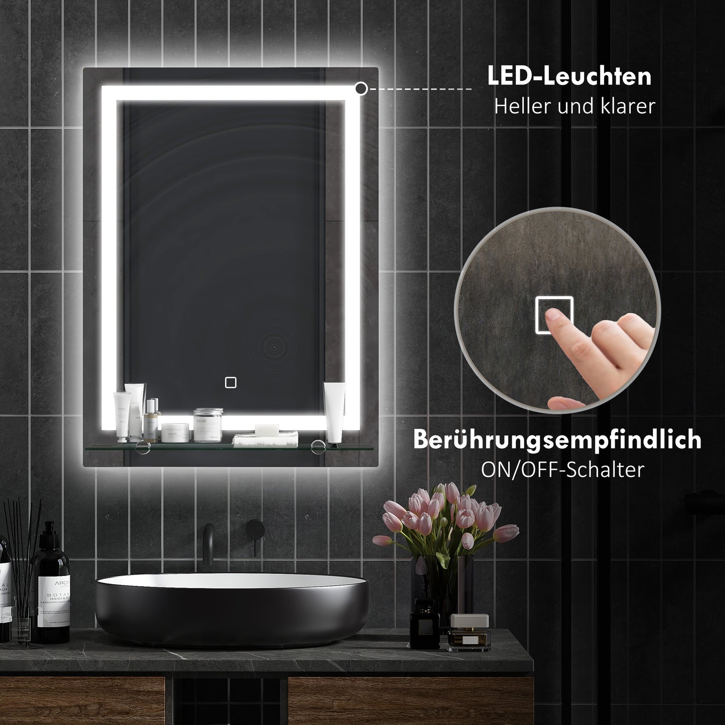 kleankin LED-Badspiegel, dimmbar, Anti-Beschlag, Touch-Schalter, Ablage, 50 x 70 cm, Silber