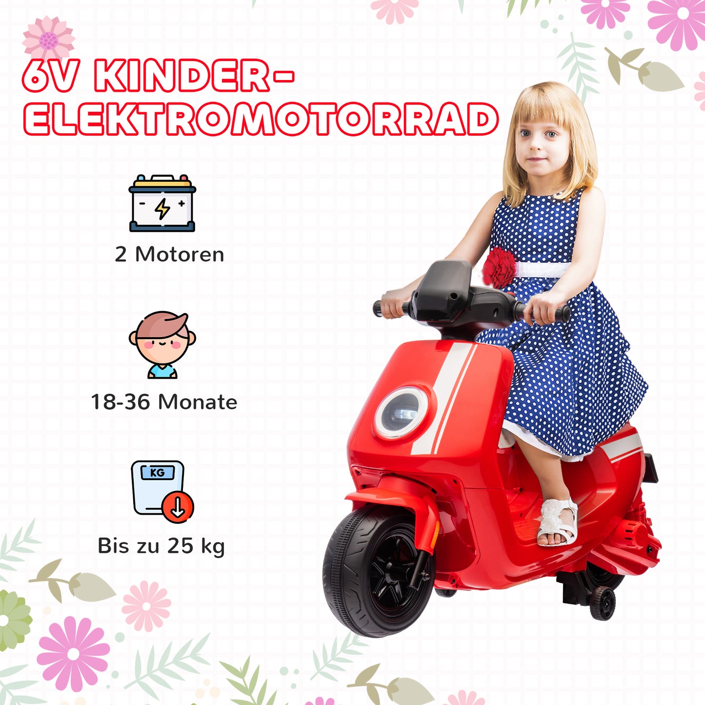 AIYAPLAY 6V Elektro-Motorrad für Kinder, mit Scheinwerfer und Musik, Vor- und Rückwärtsgang, Trainingsräder, 18-36 Monate, Rot