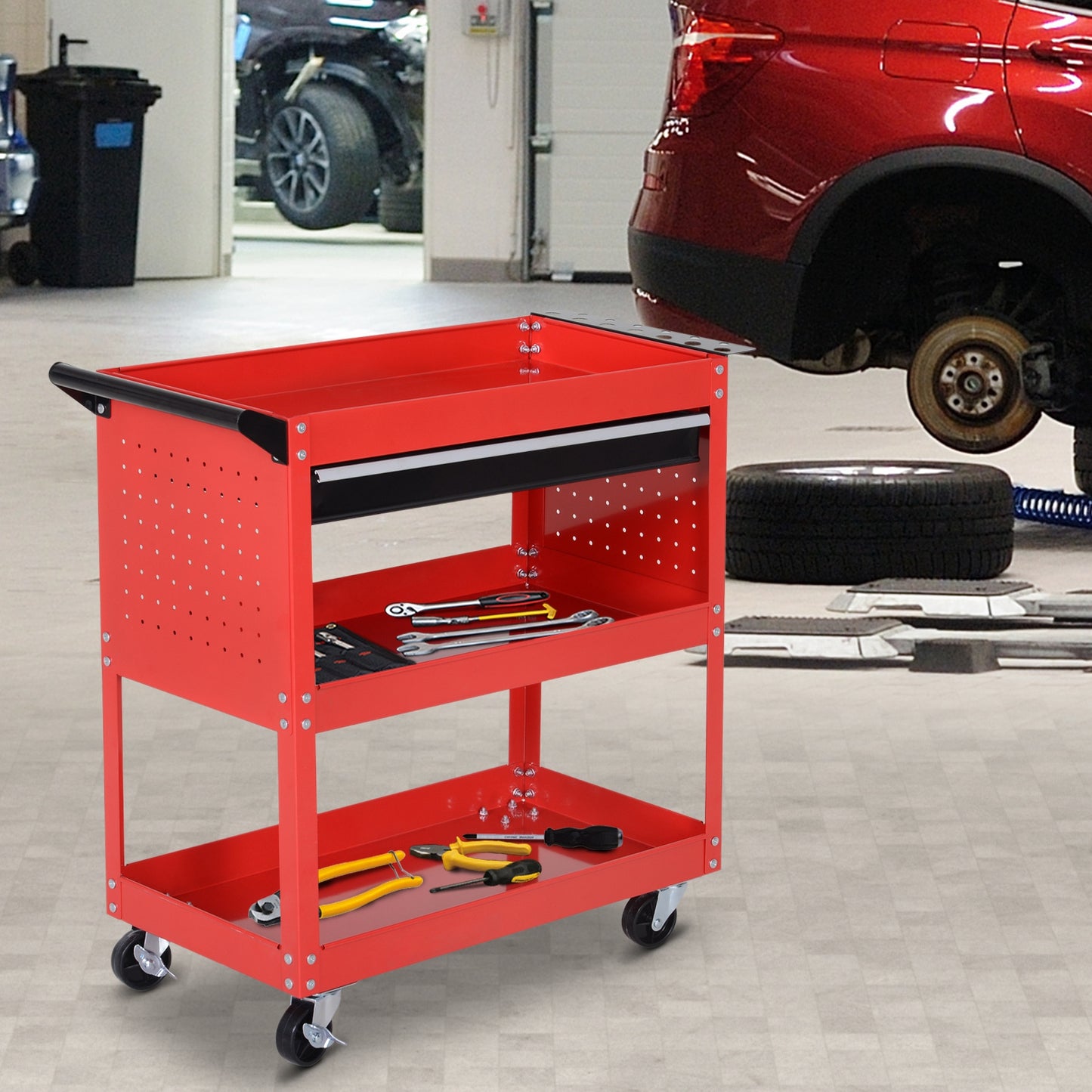 HOMCOM Werkzeugkoffer Werkzeugtrolley Werkzeugbox, 3 Ebenen, 4 Rollen, 82 cm x 35 cm x 76 cm, Rot