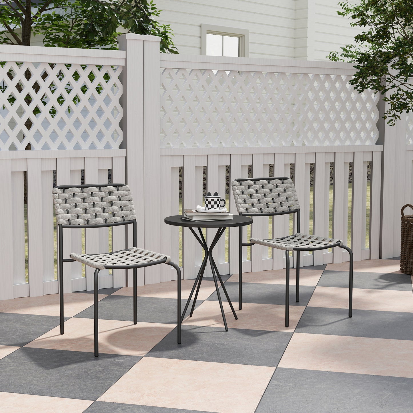 Outsunny Polyrattan Gartenmöbel Set, Outdoor Lounge Balkonmöbel für 2 Personen, 3-teilig 2 Stühle, Tisch Grau
