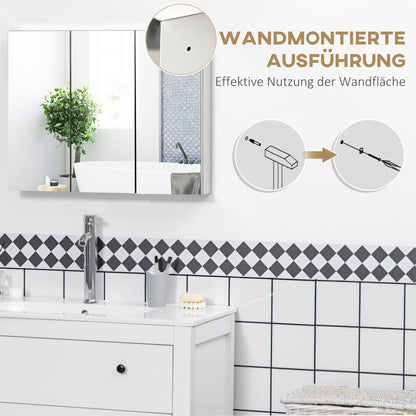 kleankin Spiegelschrank, Badschrank, 3 Spiegeltüren, 5 Innenböden, Edelstahl, Farbe: Silber, 70 x 12 x 55 cm