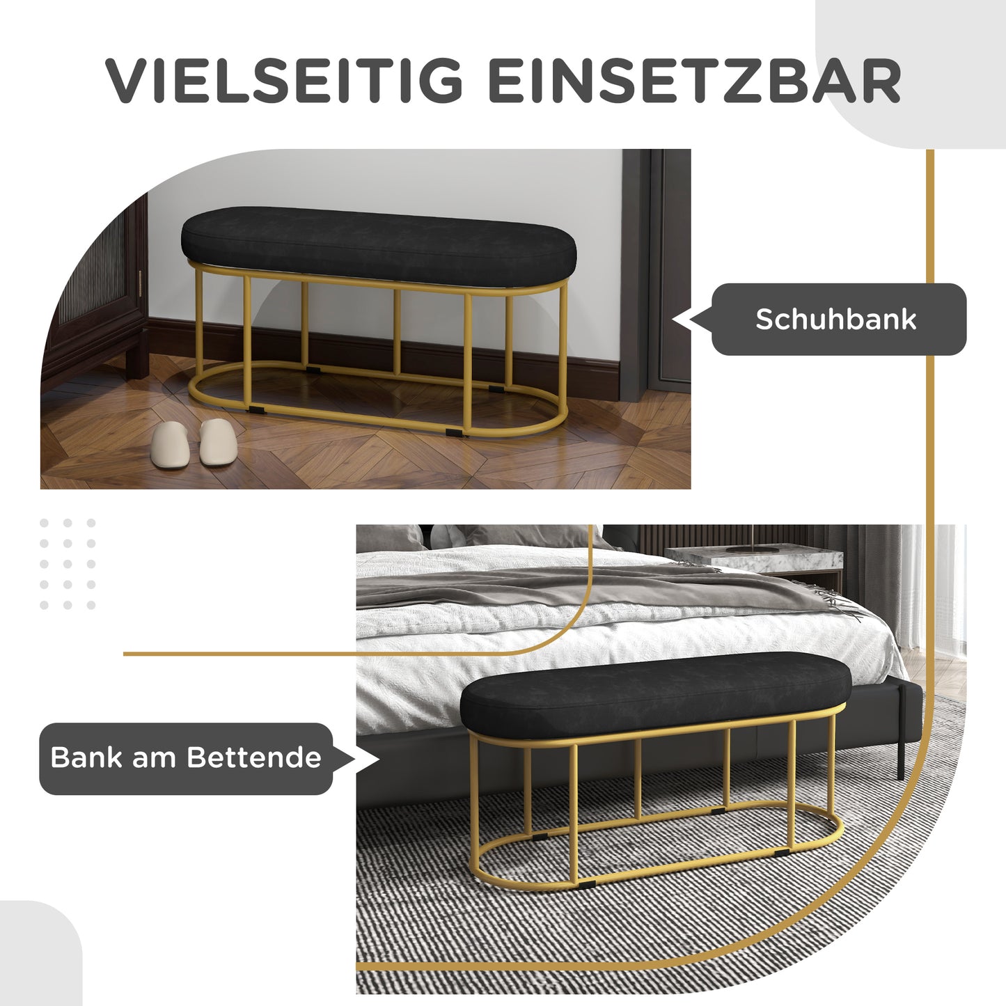 HOMCOM Schuhbank im Retrodesign, Bettbank, Flurbank, Samtoptik, bis 200 kg, Metallrahmen, schwarz, 100 x 37 x 43cm
