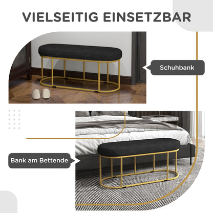 HOMCOM Schuhbank im Retrodesign, Bettbank, Flurbank, Samtoptik, bis 200 kg, Metallrahmen, schwarz, 100 x 37 x 43cm
