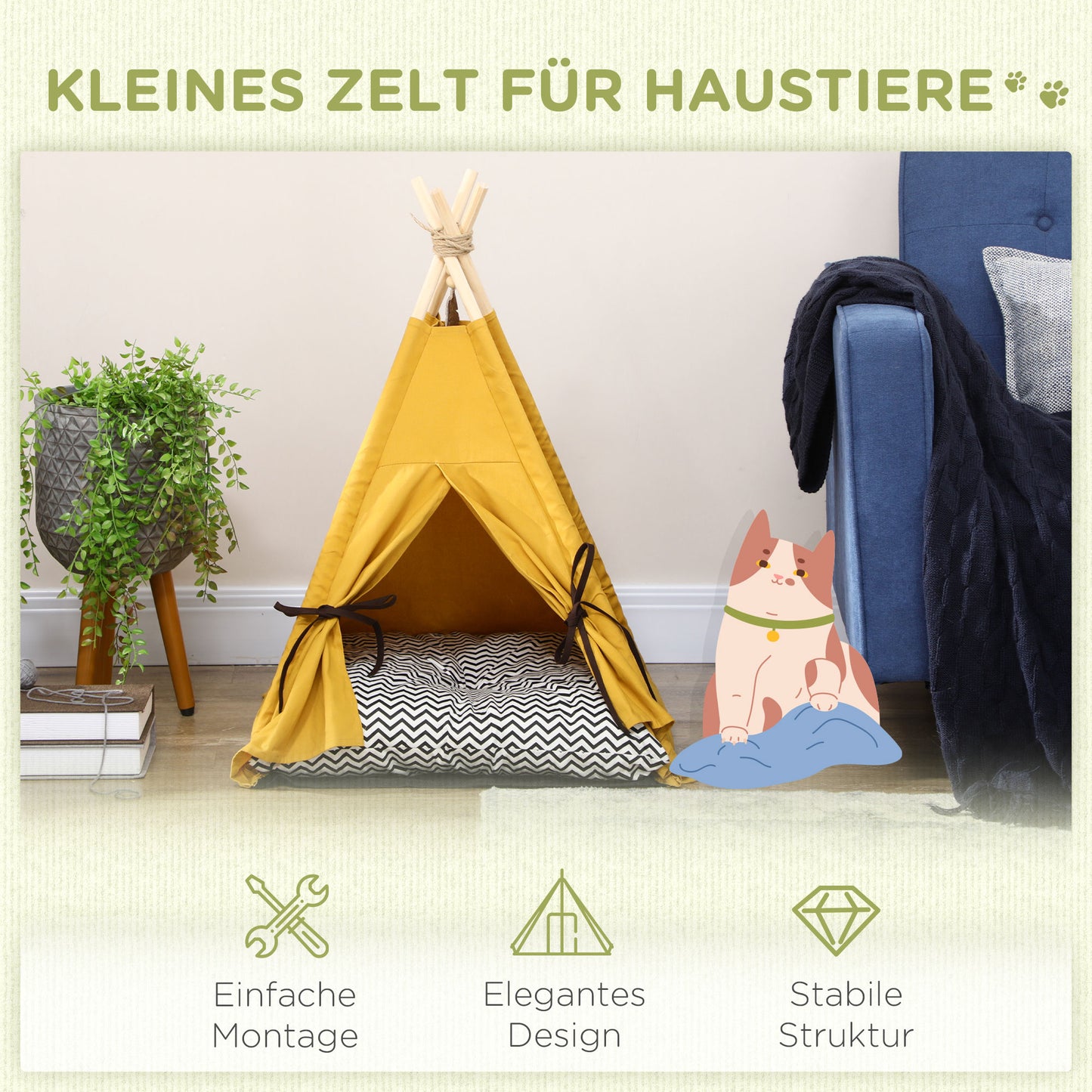 PawHut Tierbett, drolliges Tipi-Design, mit weichem Liegekissen, Bodenmatte, für Hunde und Katzen, 60 x 60 x 76 cm