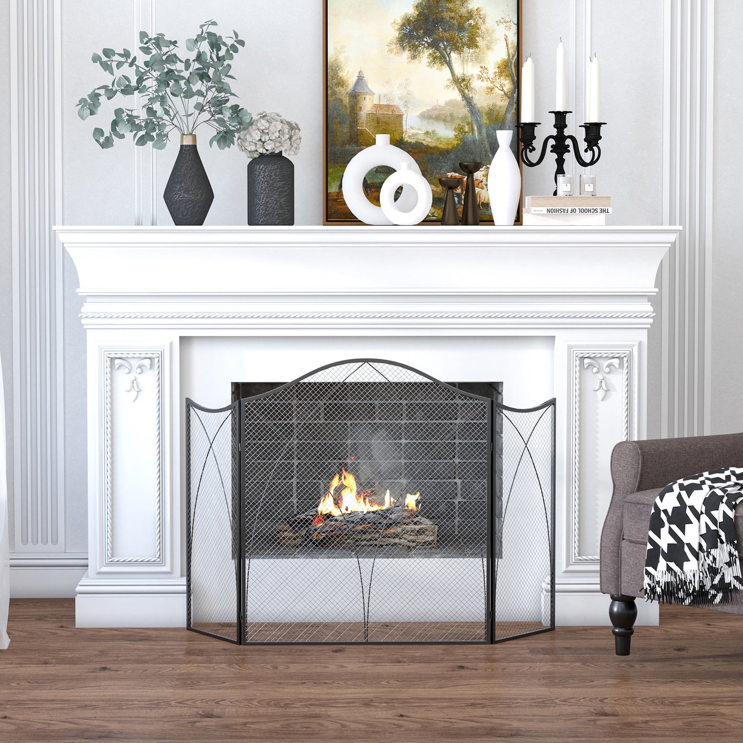 HOMCOM Funkenschutz für Kamine, dreifach faltbar, Metallstruktur, Beschichtung, 108x2x76 cm, Schwarz