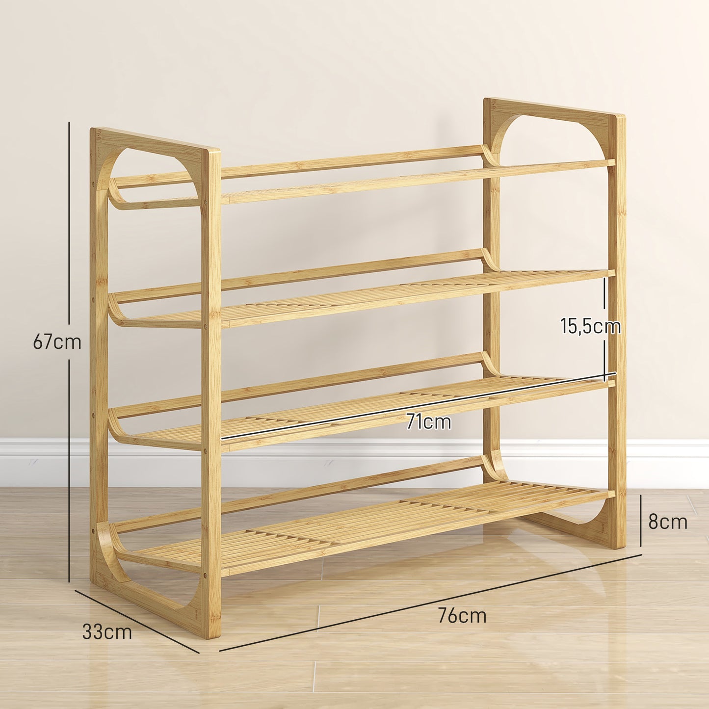 HOMCOM Schuhregal aus Bambus, 15,5 cm Regalhöhe, belüftetes Latten-Design, 76 x 33 x 67 cm, Naturholz-Effekt