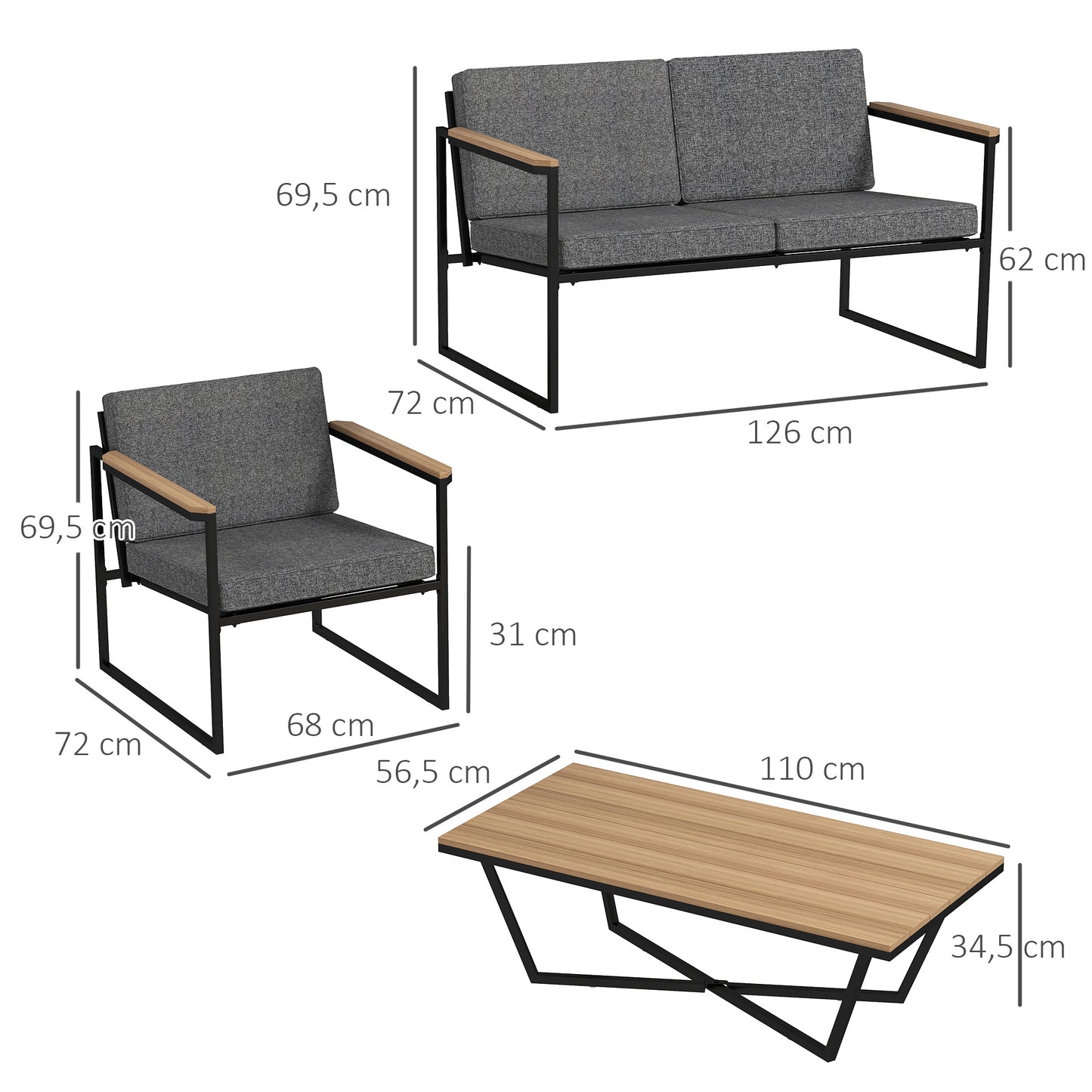Outsunny Gartenmöbel Set 4 Personen wetterfest Balkonmöbel-Set mit 2er Sofa, 2 Stühle Sitzkissen Beistelltisch Grau