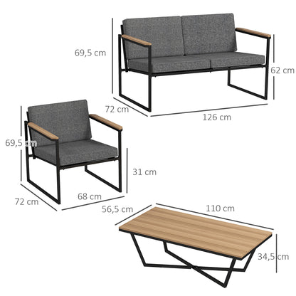 Outsunny Gartenmöbel Set 4 Personen wetterfest Balkonmöbel-Set mit 2er Sofa, 2 Stühle Sitzkissen Beistelltisch Grau
