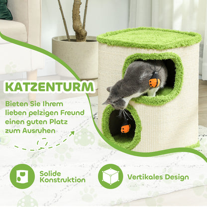 PawHut Kratzturm, 52 cm, Katzenhöhle mit Plüsch, Kratzfläche, Spielzeug, Grün/Cremeweiß