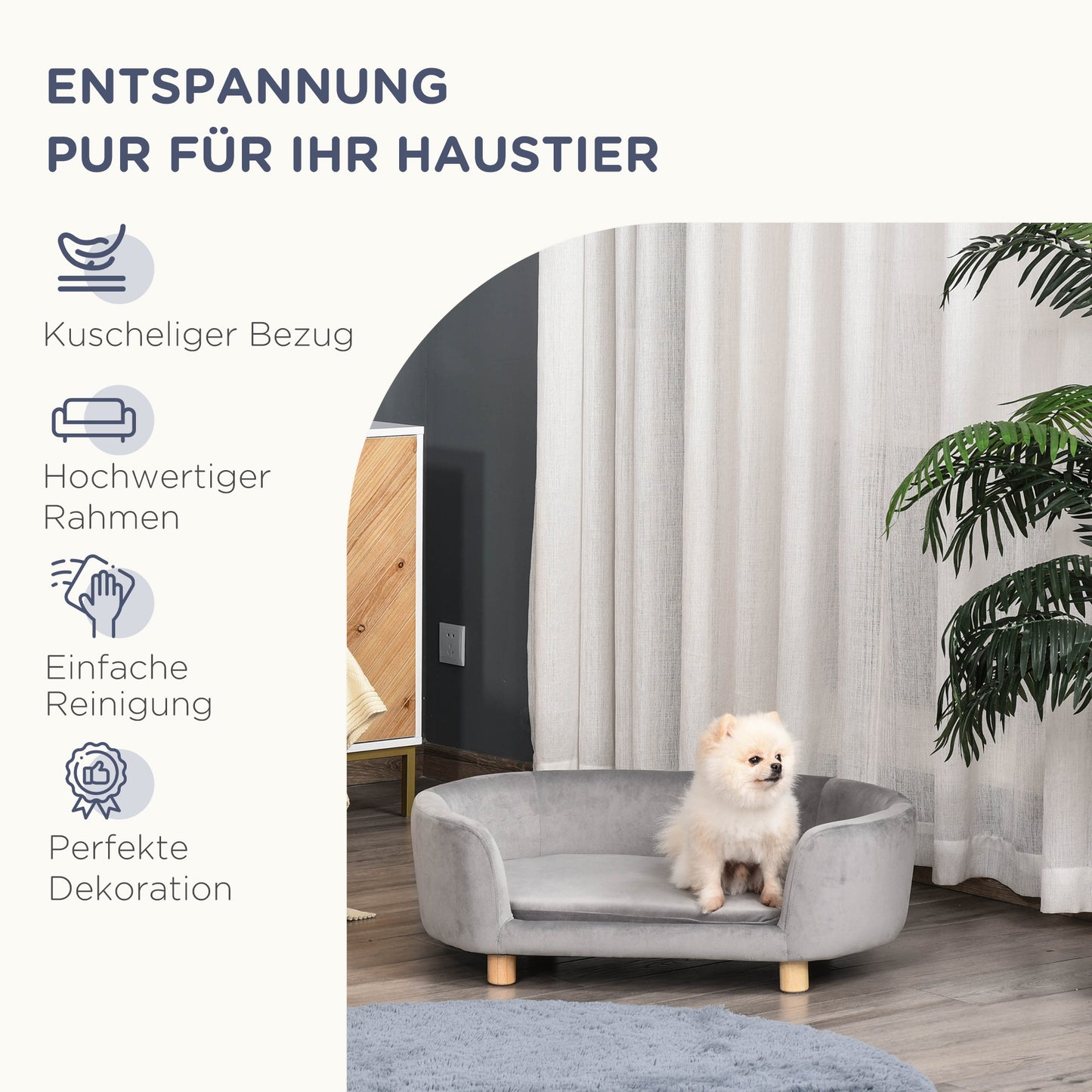 PawHut Haustiersoffa Hundesofa Hundebett mit Holländischer Samt Schaumstoff Birke Bein für Katzen Hunde 86 x 55 x 33 cm Hellgrau