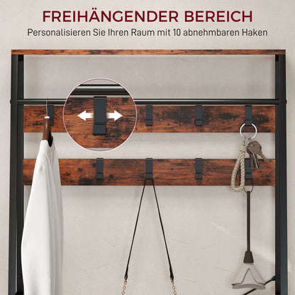 HOMCOM Garderobe mit Schuhregal, Mantelständer mit Sitzbank, 10 Haken, 2 Stoffschubladen, Kleiderstange, Spanplatte, Metall, Braun