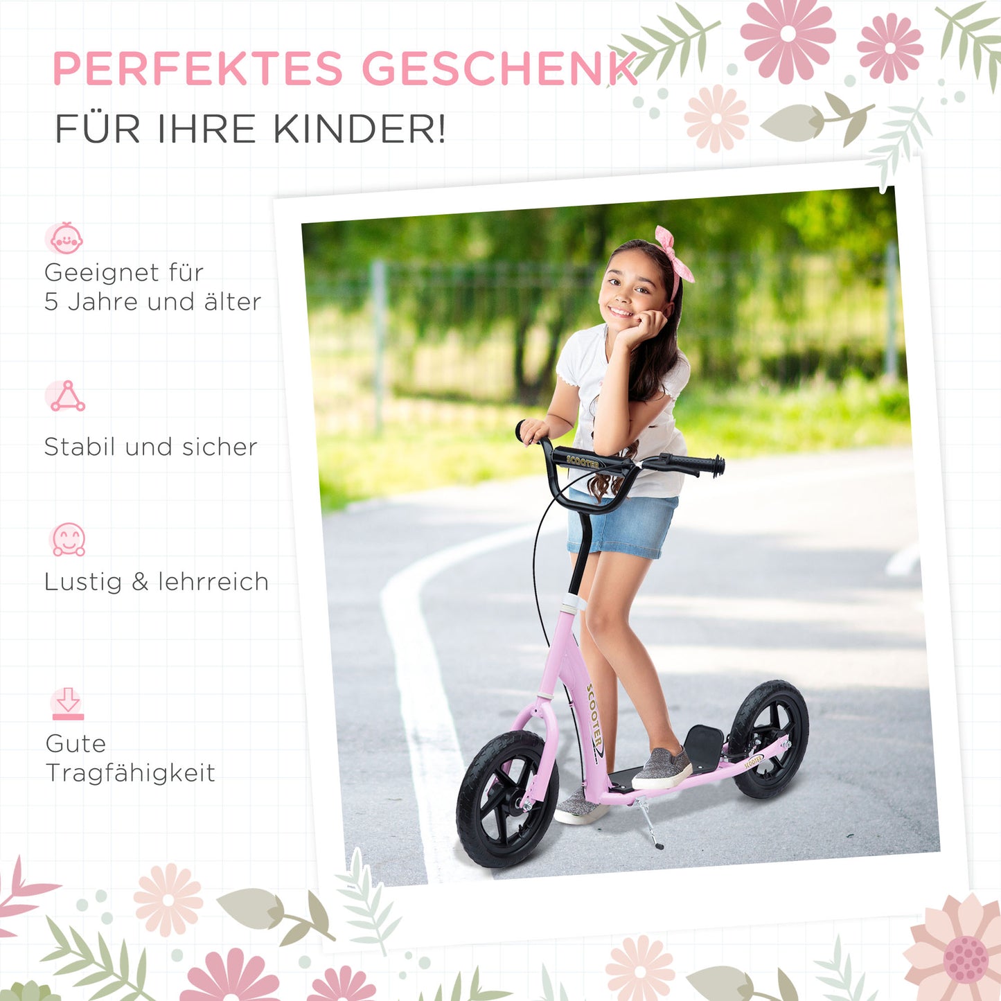 HOMCOM Tretroller, Scooter für Kinder, mit Handbremse, Ständer, 12 Zoll Räder, ab 5 Jahren, Stahl, Rosa 120 x 52 x 88 cm