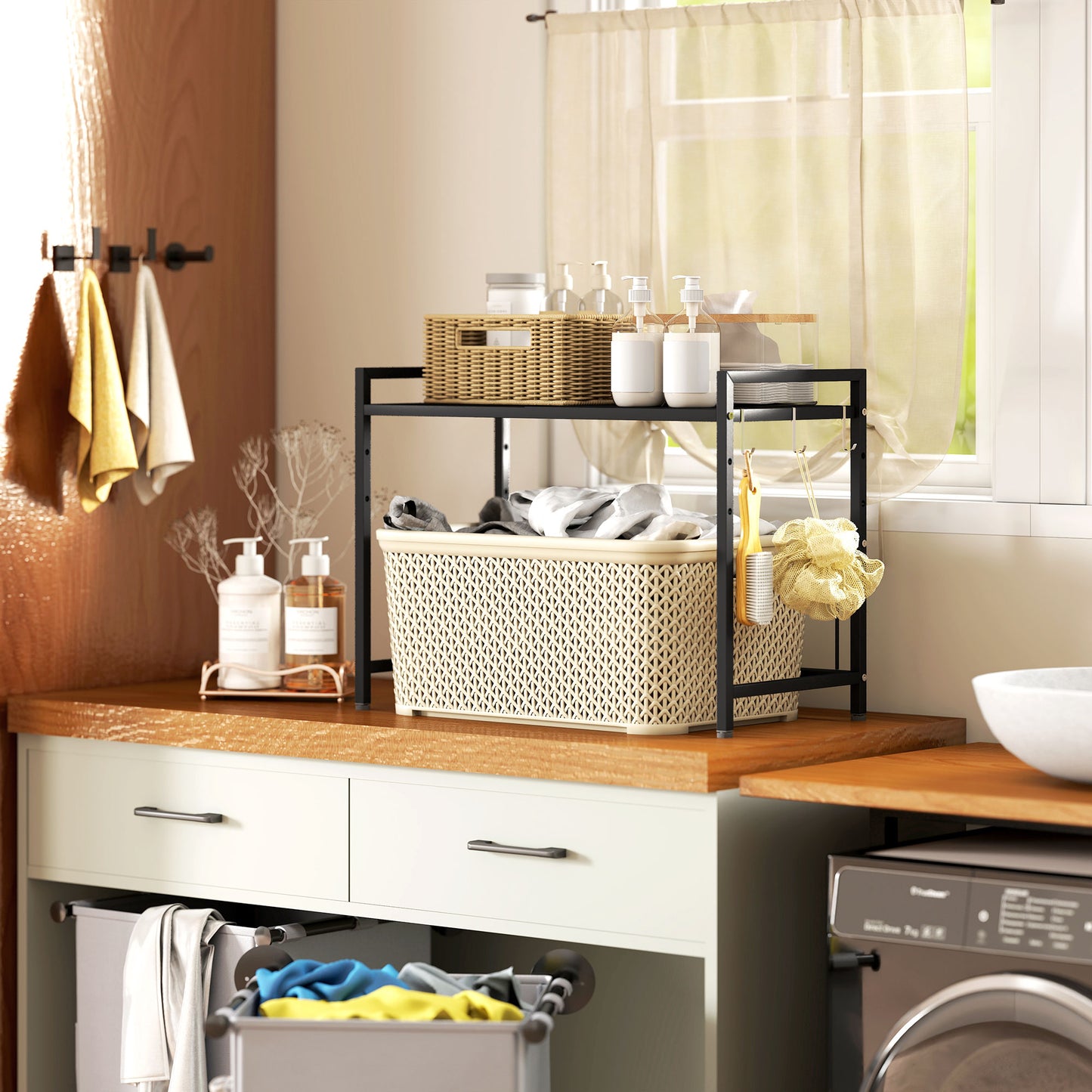 HOMCOM Mikrowellenregal, 3 Haken, ausziehbar, Metall, 40 cm hoch, Schwarz