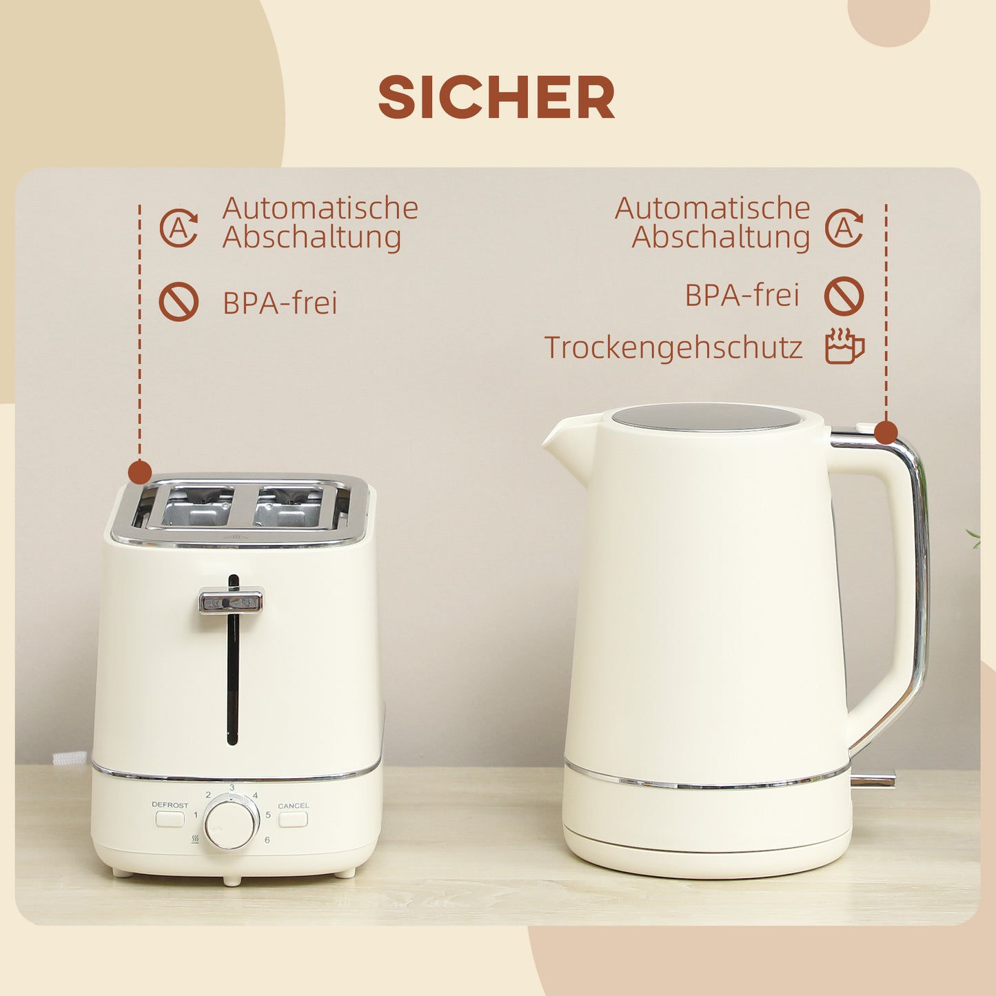 HOMCOM Set aus 1,7 L Wasserkocher und Toaster mit 6 Bräunungsstufen, Beige