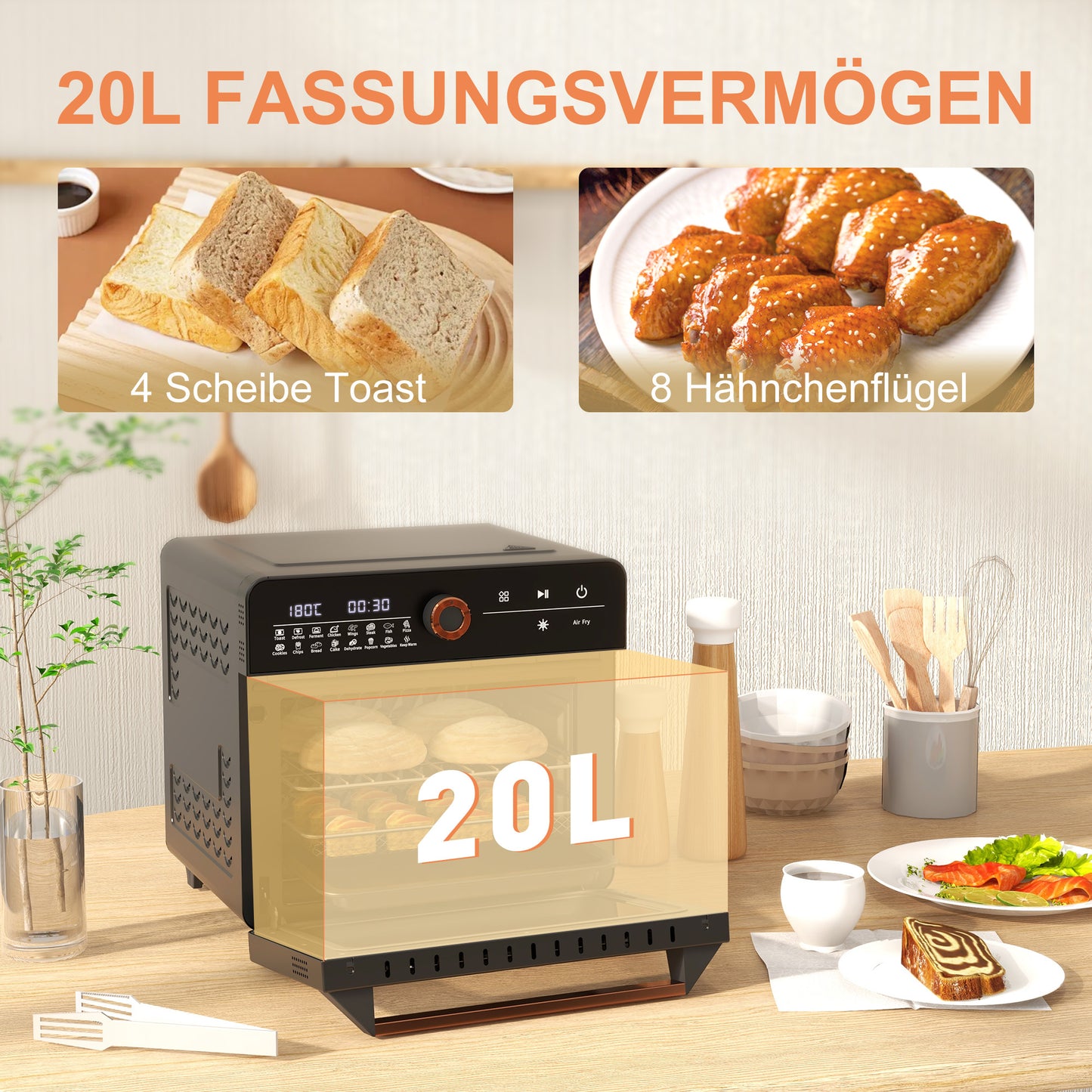 HOMCOM Minibackofen 20L, Mini Ofen, 40-220°C, 17 Modi, Timer, 36x37x34,5cm, Schwarz