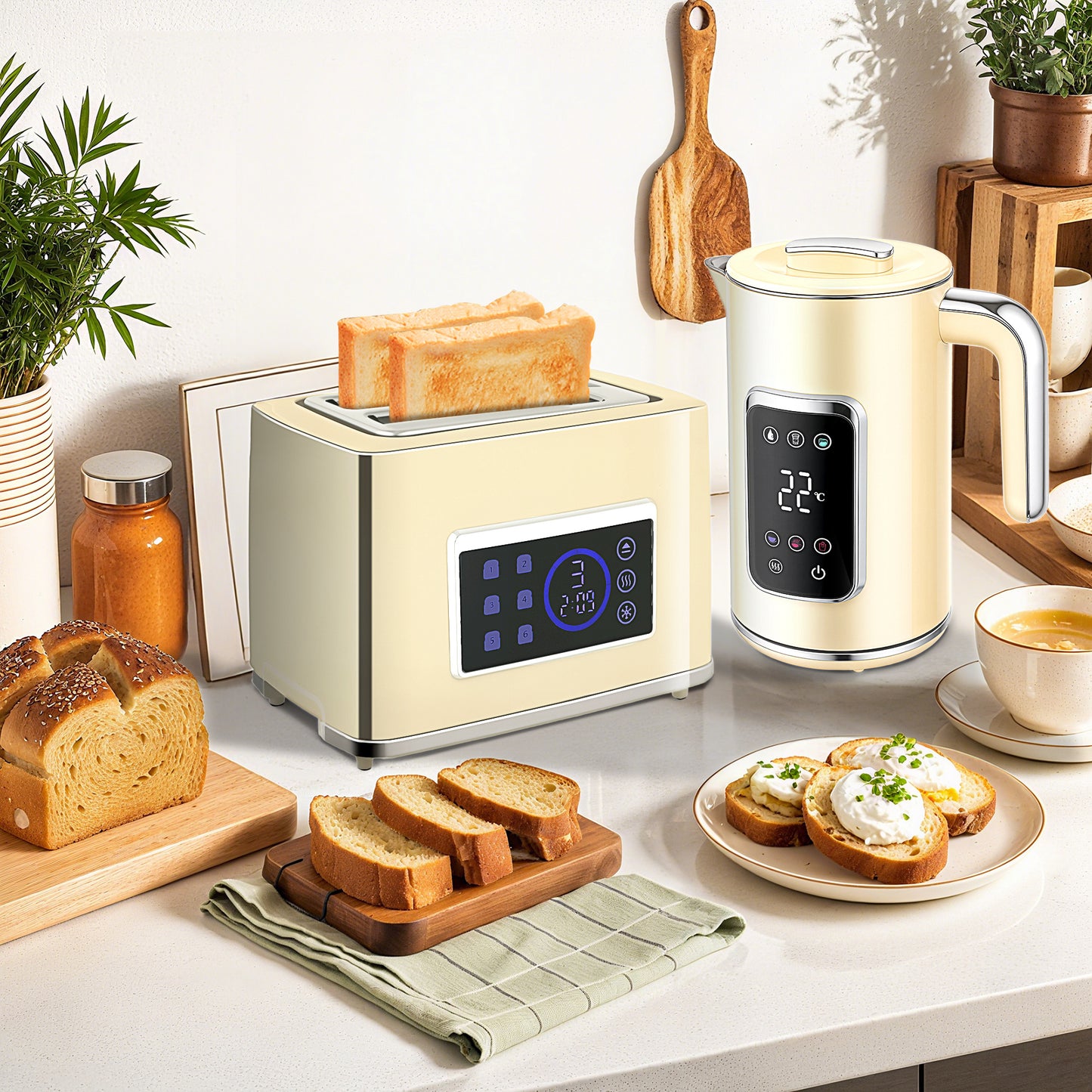 HOMCOM Wasserkocher und Toaster-Set mit LED-Touchscreen, 1,7 L, 2 Toasterschlitze, verschiedene Modi und Funktionen, Cremeweiß