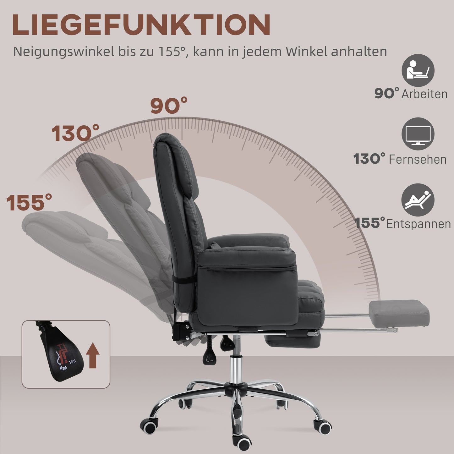 HOMCOM Ergonomischer Bürostuhl, höhenverstellbar 48-56 cm, neigbare Rückenlehne, Fußstütze, Schwarz