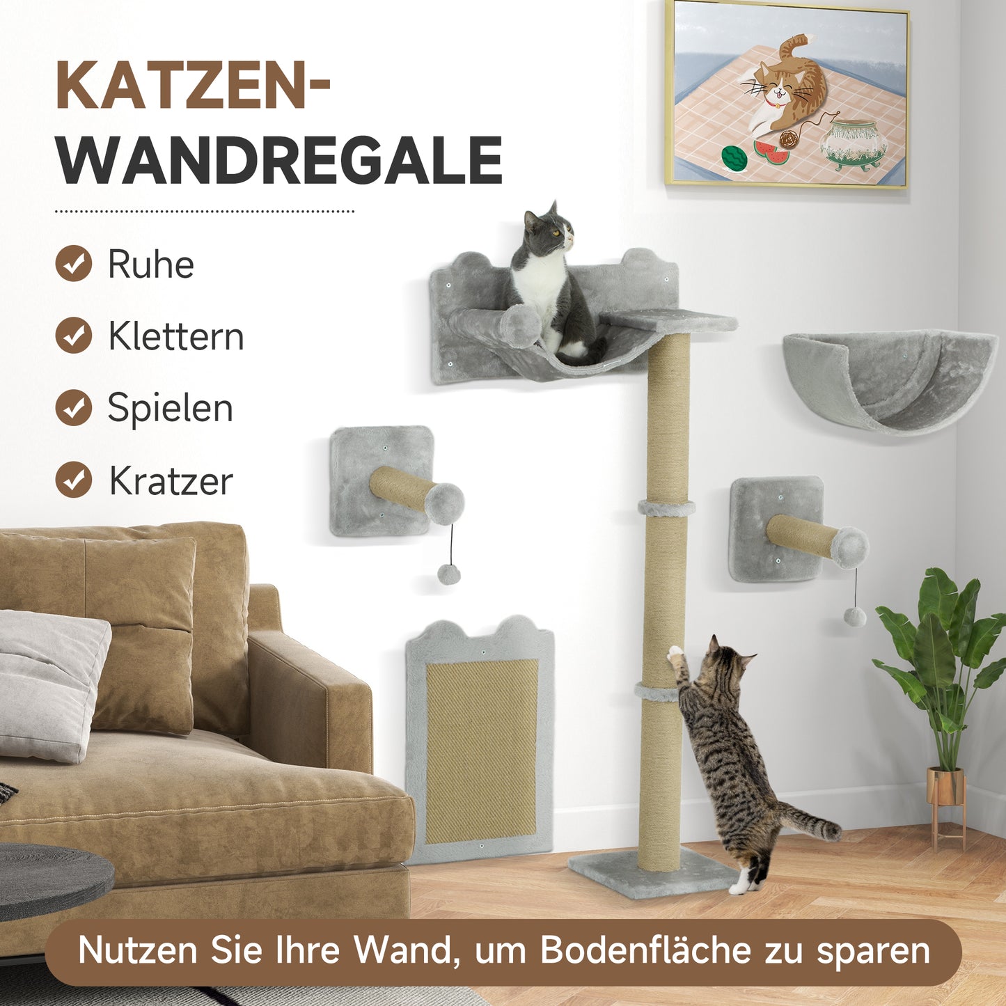 PawHut 5-teiliges wandmontiertes Kletterset für Hauskatzen mit Kratzpfosten, Kratzmatte, Katzenbett, Spielzeugbällen, Hellgrau