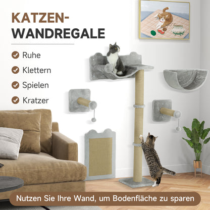 PawHut 5-teiliges wandmontiertes Kletterset für Hauskatzen mit Kratzpfosten, Kratzmatte, Katzenbett, Spielzeugbällen, Hellgrau