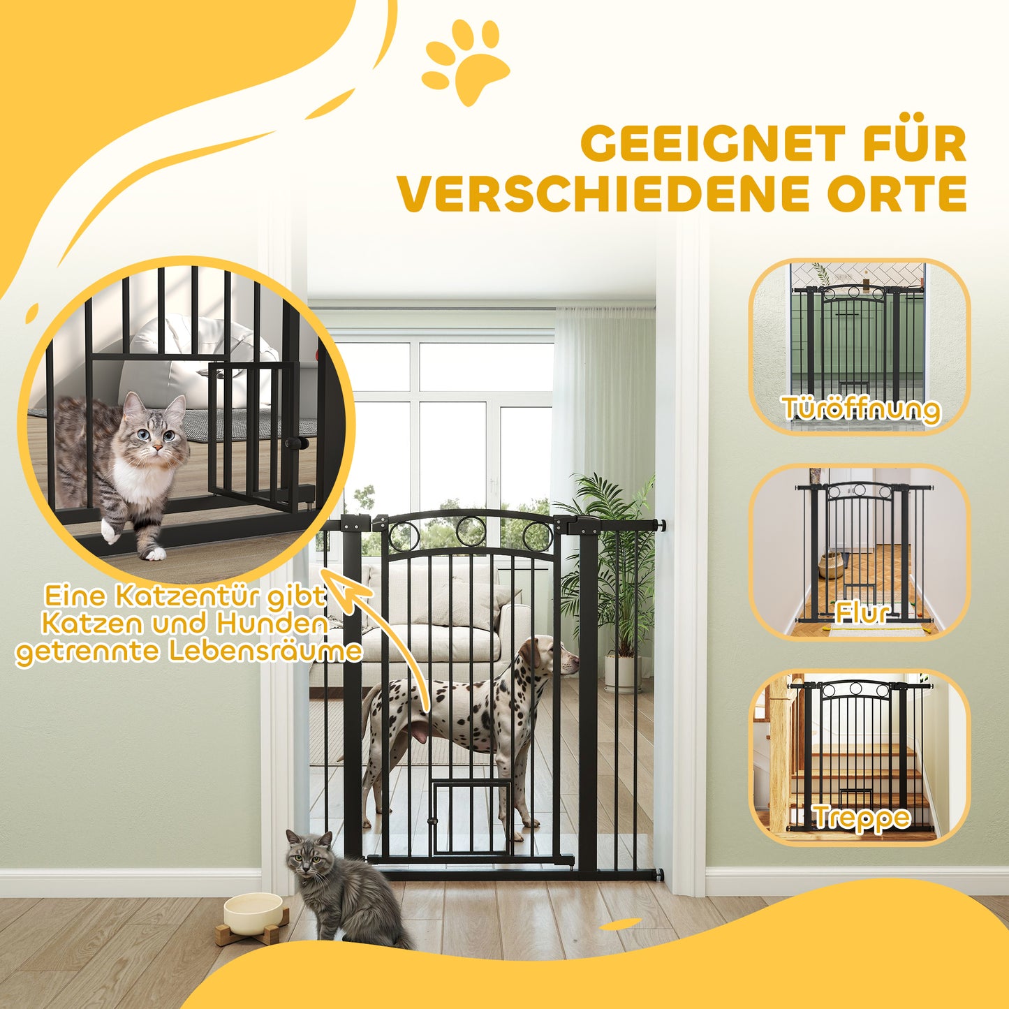 PawHut 106 cm hohes Haustiergitter med anpassbarer Breite, integrierte Katzentür, für Treppen och Türrahmen, Schwarz
