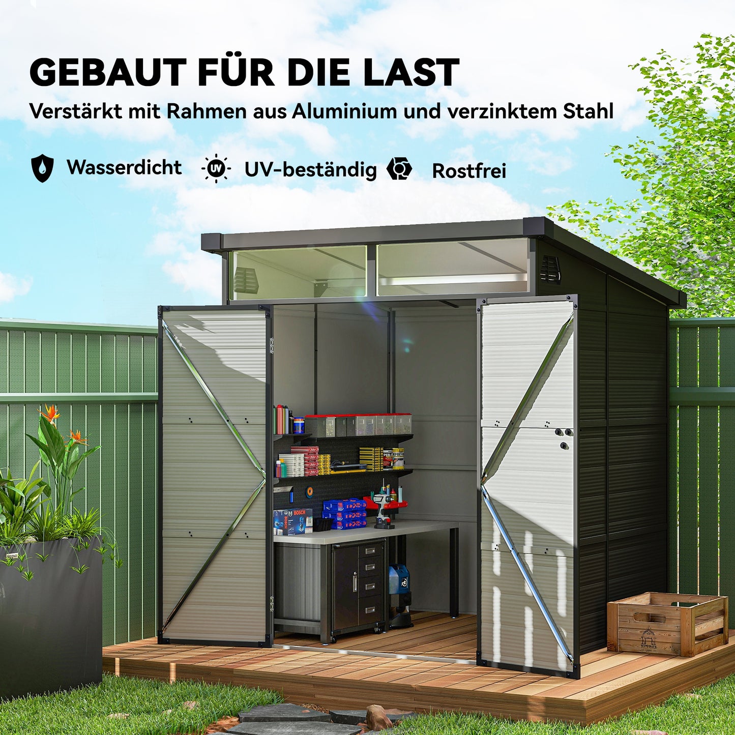 Outsunny 1,9 x 1,9 m Gartenschuppen, Werkzeugschuppen aus Kunststoff , verschließbare Türen, 2 Lüftungsöffnungen, Dunkelgrau